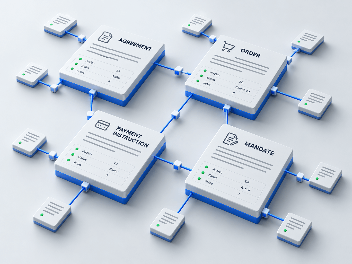 Connected Agreement, Order, Payment Instruction, and Mandate documents form a distributed application, with blue links and green state indicators.